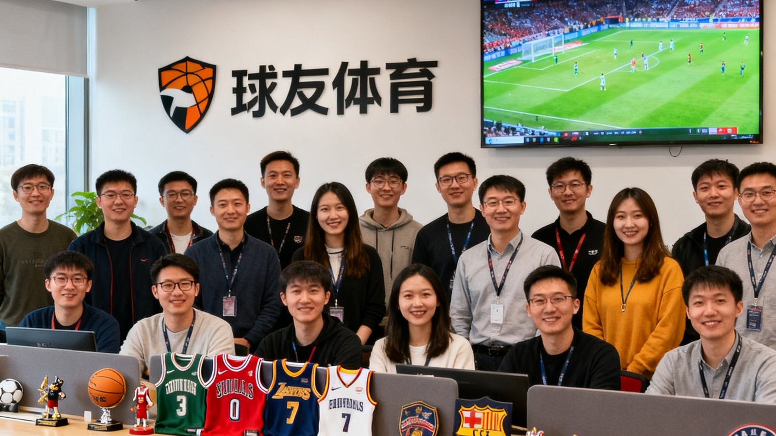 球友体育北京办公室团队合影，约40名团队成员在开放式办公区微笑面向镜头，背景墙上有公司Logo和大型赛事直播屏幕，办公桌上摆放着各球队周边纪念品，展现年轻活力的工作氛围。