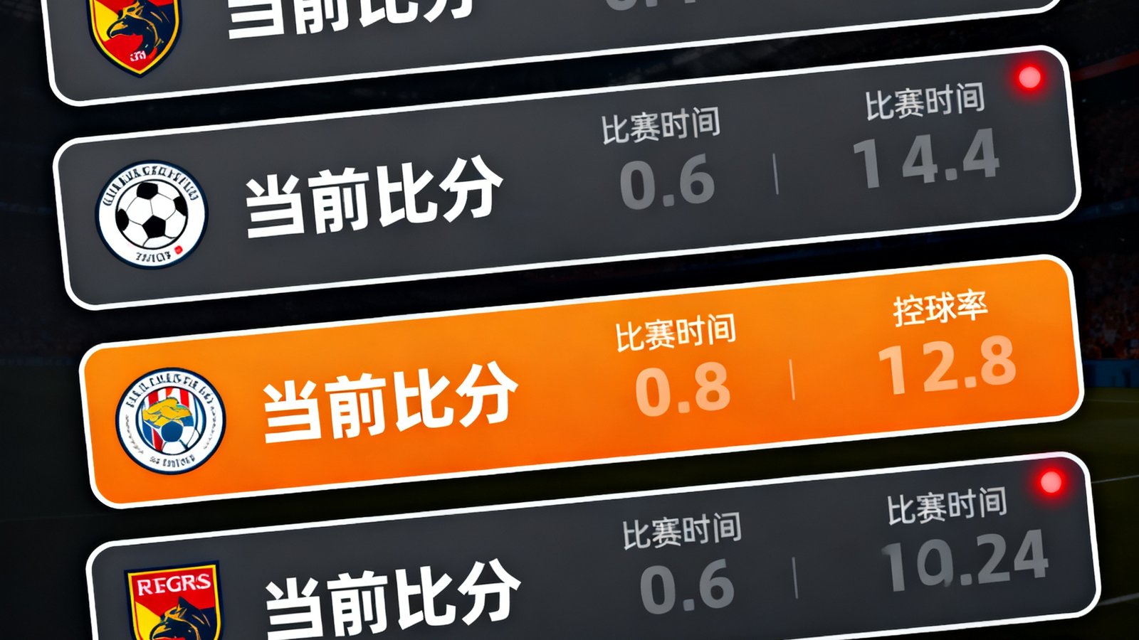 球友体育实时比分数据面板，深色背景上显示多场比赛的实时比分卡片，包含球队图标、当前比分、比赛时间、控球率等关键数据，红点闪烁表示刚刚发生进球事件。